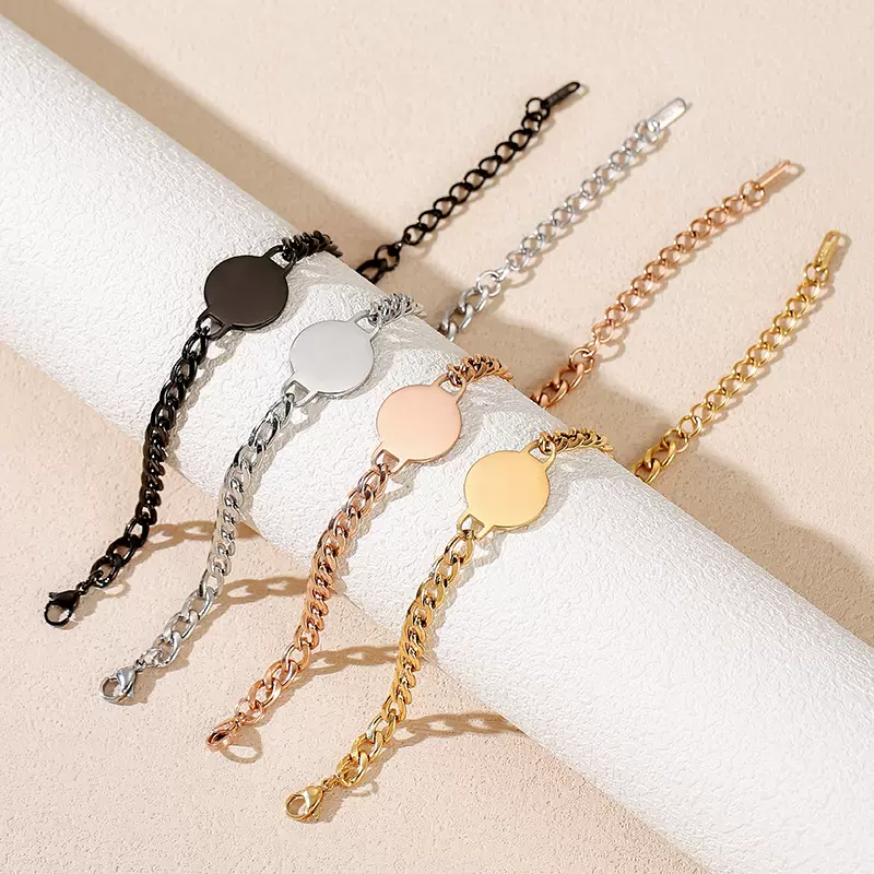 跨境古巴链手链激光雕刻金属手链欧美新款空白无字圆形不锈钢手链