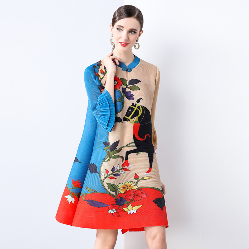 Miyake New Chinese Style Mother's Dress Women's 2025 Autumn Elegant Age-Reducing Printed Plus Size National Style Improved Cheongsam Dress Miyake New Chinese Style Mother's Dress Women's 2025 Autumn Elegant Age-Reducing Printed Plus Size National Style Improved Cheongsam Dress