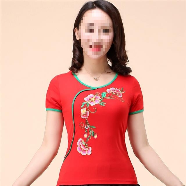 新款广场舞跳舞服装莫代尔绣花短袖上衣女拉丁舞蹈练习服