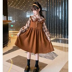 女童2024秋裝連衣裙學院風新款洋氣春秋中大童兒童假兩件長袖格子