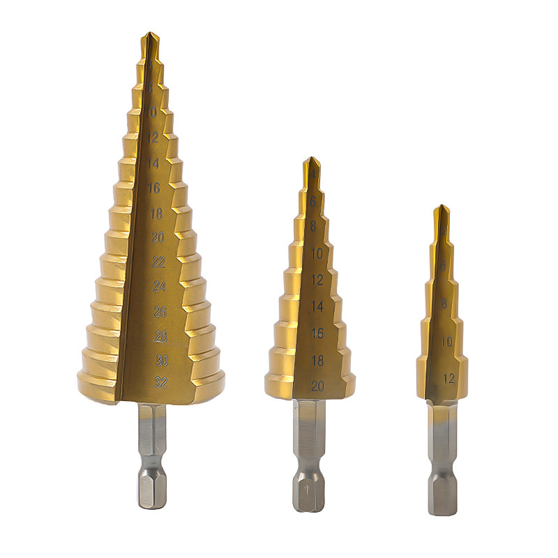 宝塔ドリル3点セット六角柄直溝公製チタンメッキ穴拡穴器ステップドリル3点セット階段ドリル|undefined