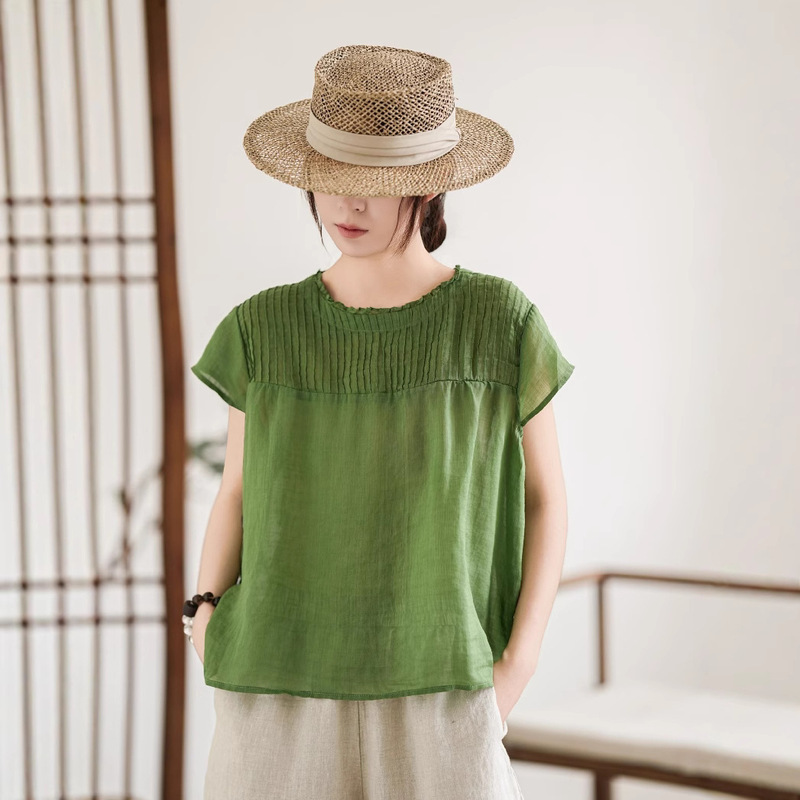 Ramie Organ Pleated Short Sleeve Blouse 2025 Artistic Simple Round Neck Single-Breasted Versatile Loose Top for Women
