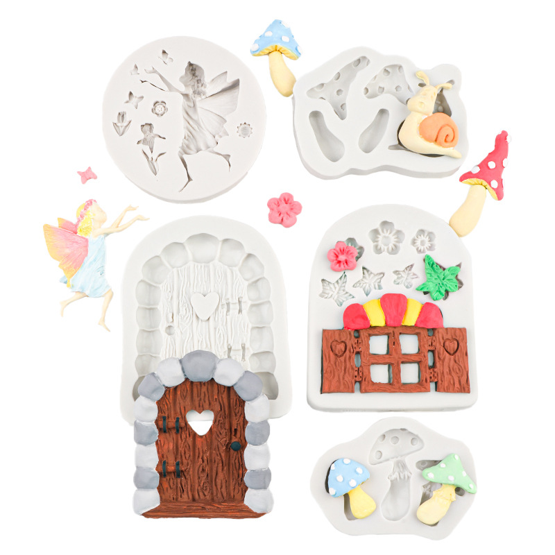 Pequeña flor hada estilo pastoral forma de hongo silicona fondant dibujos animados puerta de madera molde de pastel pastel decoración de chocolate epoxi