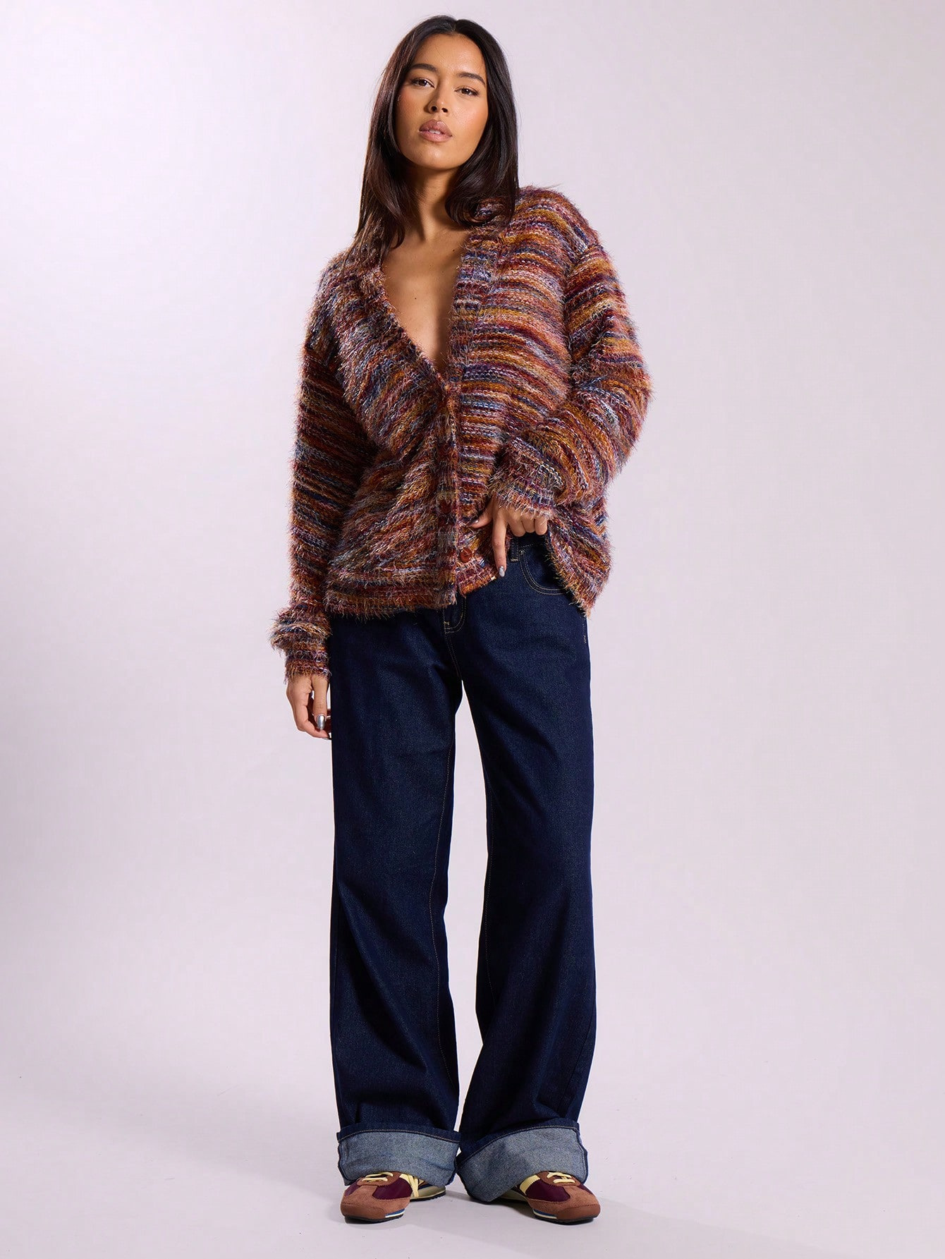 Vintage Plüsch Strickjacke Mit Tiefem V-ausschnitt Langarm_voghion.com