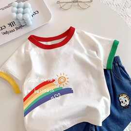 2026夏季男女童纯棉短袖T恤中大童新款拼色上衣宝宝韩版圆领打底