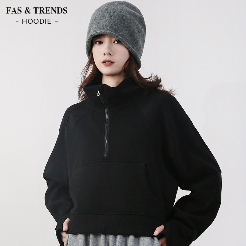 Autumn and Winter Thickened Women's Sports High Collar Half-Zip Sweatshirt Loose Short Fleece-Lined Jacket All-Match Vertical Collar Design Sense Autumn and Winter Thickened Women's Sports High Collar Half-Zip Sweatshirt Loose Short Fleece-Lined Jacket All-Match Vertical Collar Design Sense