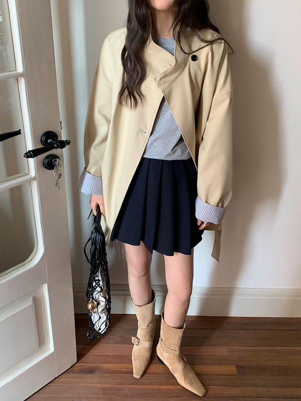 MOXI 十三行女装2025秋季新款韩版中长款半高领小个子风衣外套女|undefined