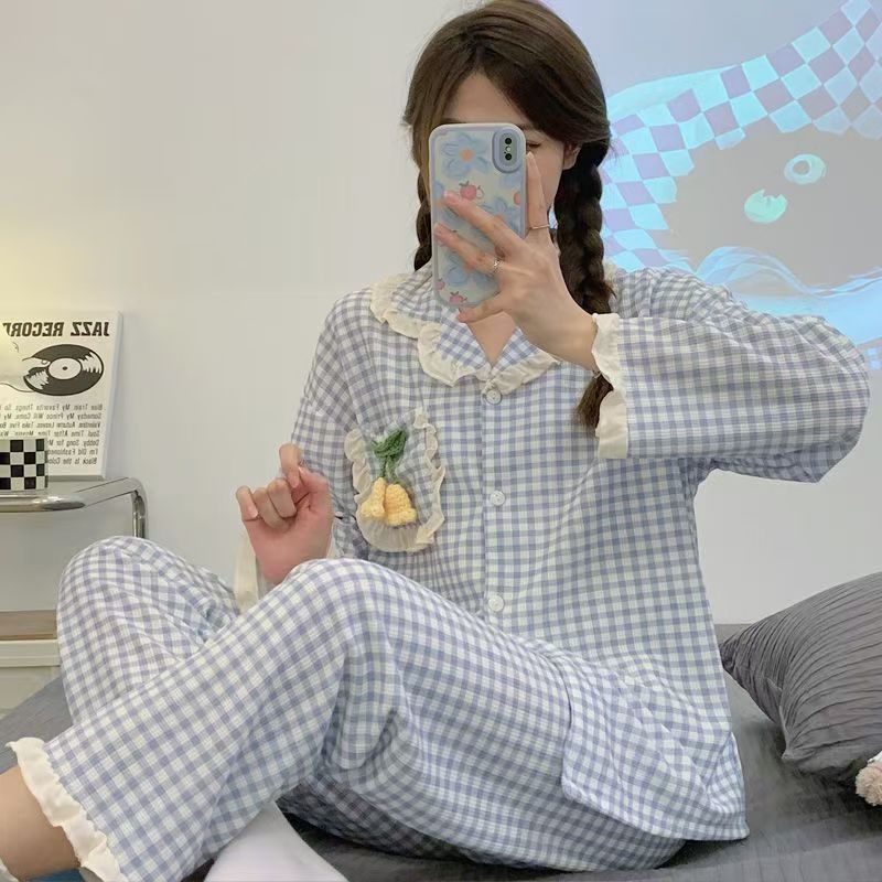 インス風甘いチェック柄笑顔小花パジャマ女性用春秋新作シンプルウェアラブル長袖日本製ホーム服|undefined