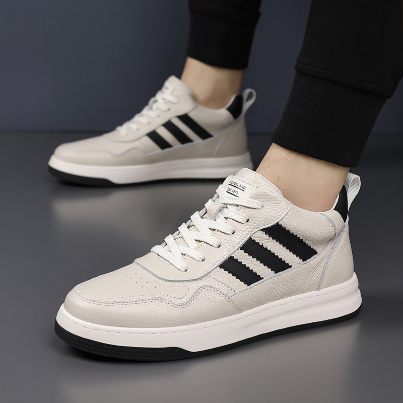 Invierno de piel de vaca nueva zapatos casuales de alto nivel para hombres, cuero real y terciopelo, zapatos de algodón cálido para hombres, zapatos blancos para hombres