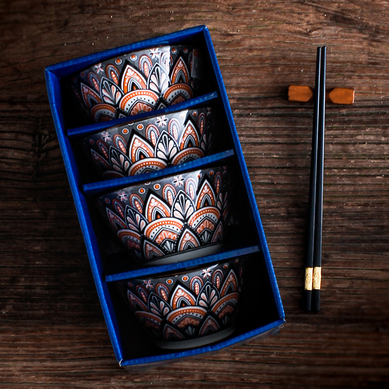 Ceramic Tableware Bowl and Chopsticks Enamel Set of 5 Household Rice Bowls Instant Noodle Bowls Underglaze Color Business Gift Logo Retro Style