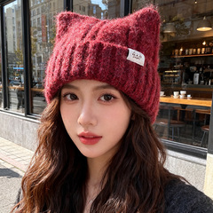 韩版猫耳朵毛线帽子女冬2025新款保暖护耳针织帽显脸小可爱套头帽