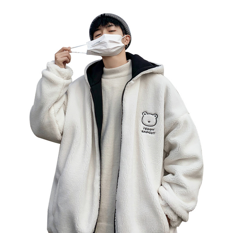 Invierno lana de algodón acolchado abrigo de los hombres Hong Kong estilo suelto casual algodón acolchado abrigo estilo coreano de moda polar forrado grueso con capucha de dos lados desgaste exterior