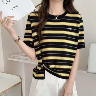 2025 New Trendy Light Luxury High-End Letter Striped Side Slit Knit Top Irregular Loose Thin Blouse