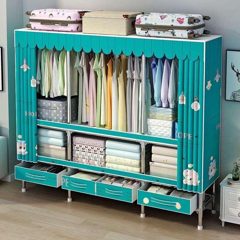 Simple Steel Pipe Wardrobe for Home Bedroom Rental Room Steel Frame Thickened and Reinforced Assembly with Drawer Storage Wardrobe