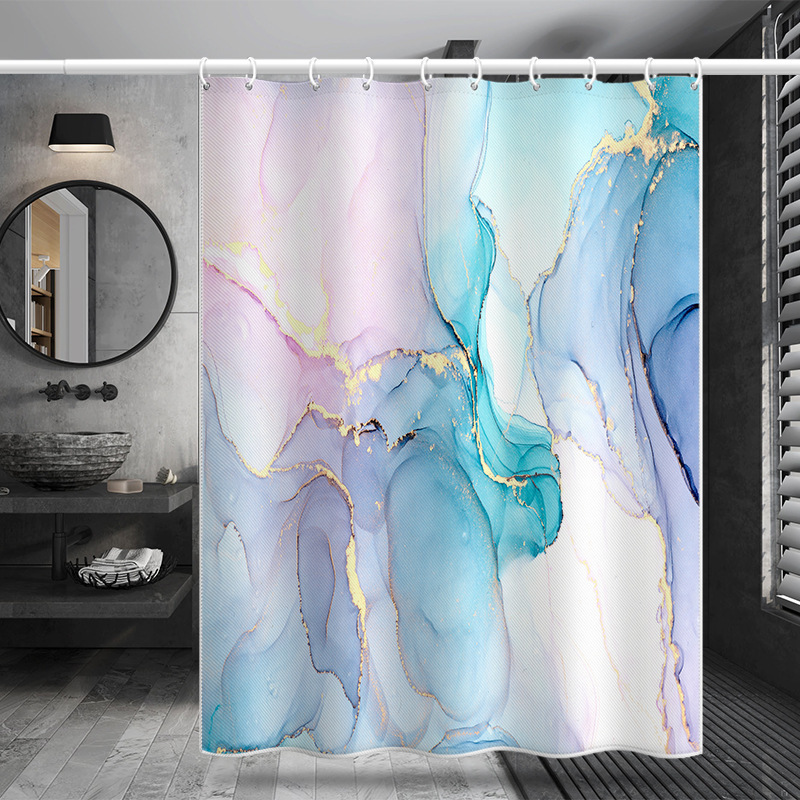Amazon 3D digital printing shower curtain thickened polyester waterproof blue gilt marble series bathroom curtain