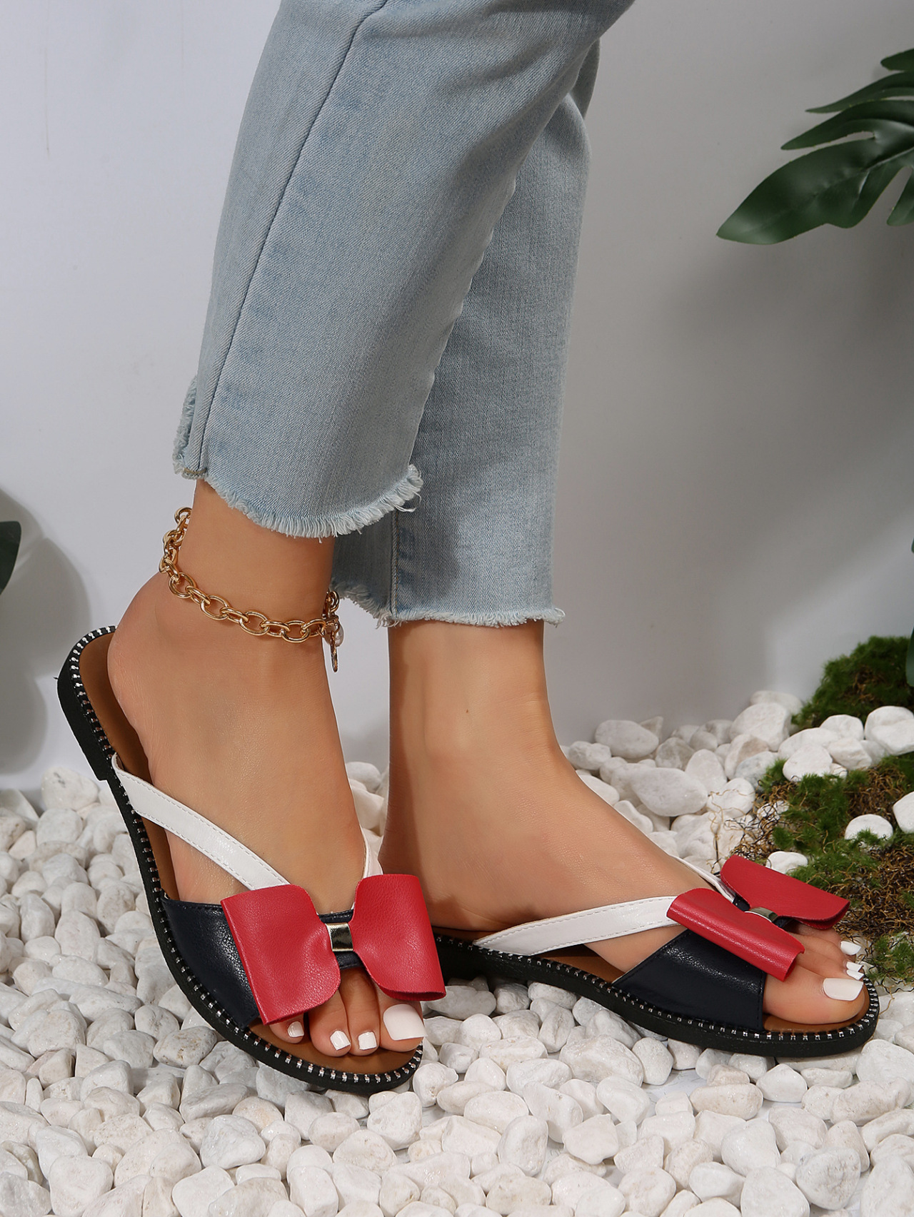 Women's Colour Block Suede Pu Sandals Flat Bow Summer Beach Shoes_voghion.com