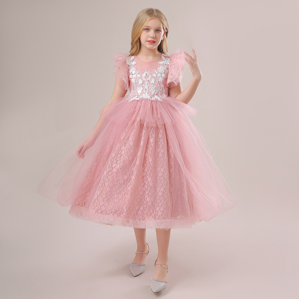 Amazon nuevo vestido de las niñas vestido largo bordado con cuentas malla pettiskirt vestido de novia viento flor vestido de los niños vestido de princesa