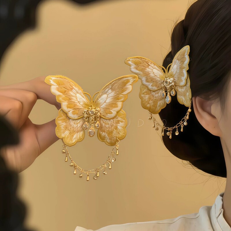"Jinling Ye Die" New Chinese-Style Gold Embroidered Butterfly Tassel Hairpin, Traditional Style Qipao Side Hairpin for Updos "Jinling Ye Die" New Chinese-Style Gold Embroidered Butterfly Tassel Hairpin, Traditional Style Qipao Side Hairpin for Updos
