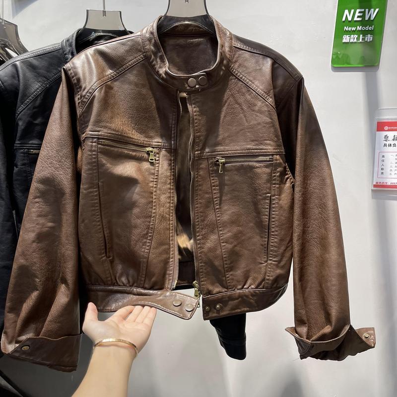 海宁皮衣外套女复古港风圆领宽松夹克上衣小个子美式皮衣机车服潮|undefined