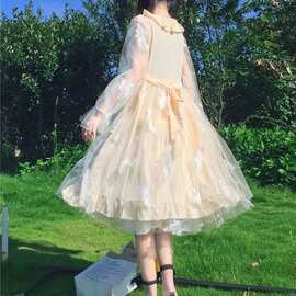 洛丽塔仙女裙子夏季日系软妹网纱蝴蝶结花边羽毛连衣裙公主裙