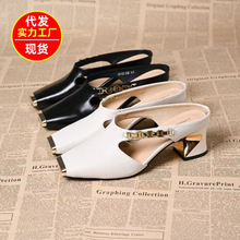 外贸跨境方头凉鞋金属铁头法式复古夏季新款半托式外穿软皮包头拖