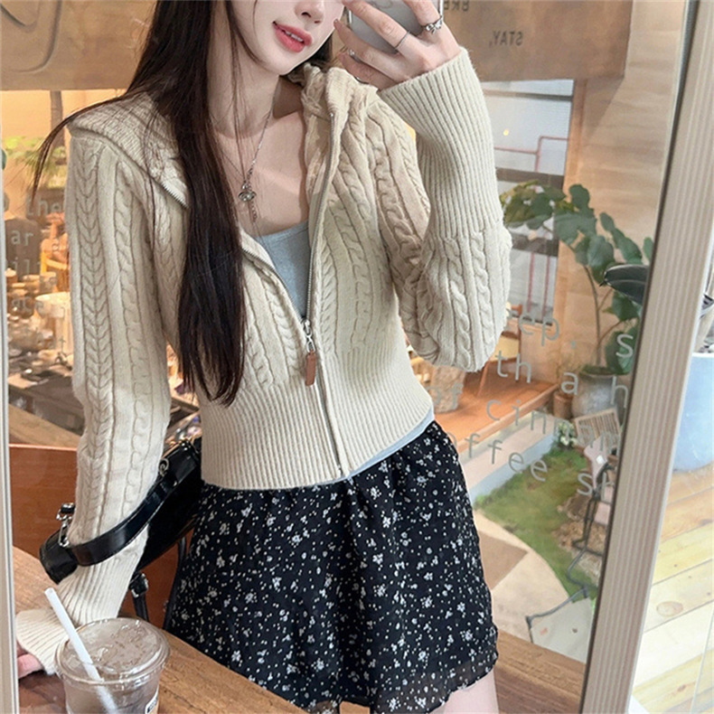 Correa de torsión con capuz de punto Cardigan de mujeres otoño y invierno nuevo suéter con cremallera pequeño delgado corta camisa exterior