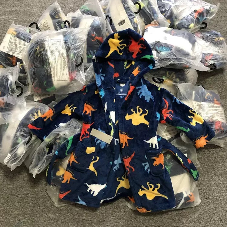 European and American Foreign Trade Autumn and Winter New Handsome Cartoon Dinosaur Children's Hooded Bathrobe Home Clothes