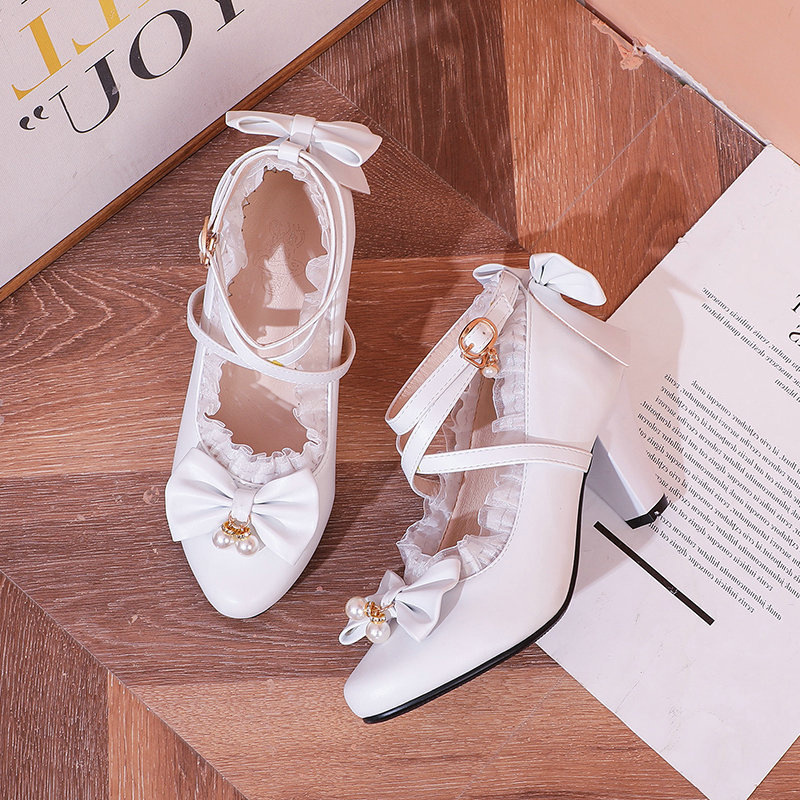 Japanese-Style Soft Girl Mary Jane Shoes with Chunky Heels, Lolita Sandals with Lace and Bow, Teenage Girls' Shoes, Student Shoes, Single Shoes