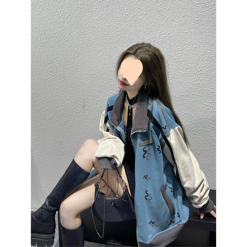 韩版宽松撞色拼接蓝色棒球服外套女爆款立领2025新款春秋夹克上衣|undefined