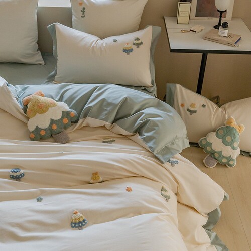 ins style towel embroidery 100 count long-staple cotton four-piece set pure cotton cartoon pure cotton soft quilt cover 1.8 bedding