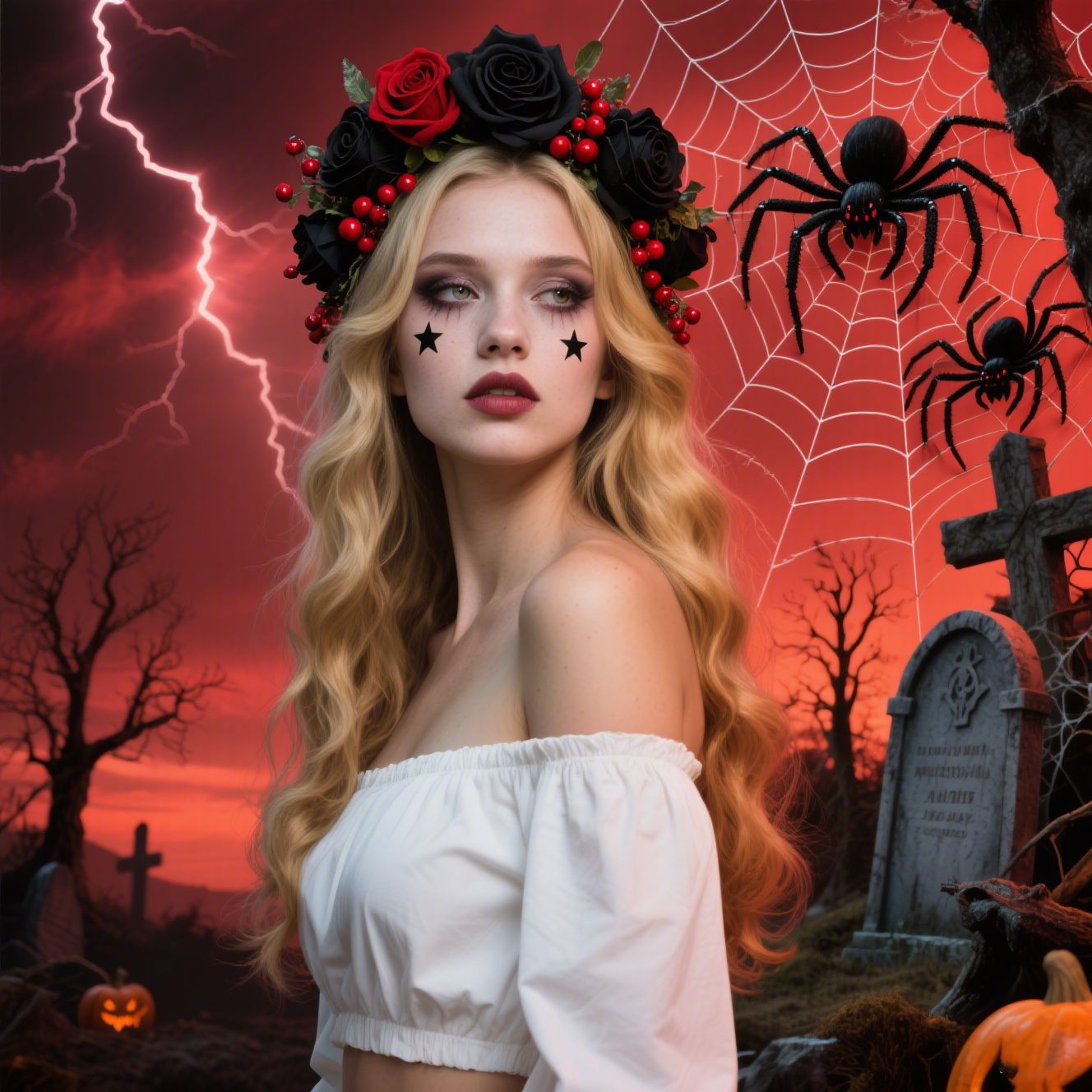 Halloween Headband with Simulated Rose Garland, Party Costume, Quirky Halloween Hair Accessory, Dark Head Flower Accessory