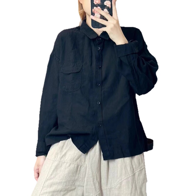 早秋新品宽松百搭休闲时尚长袖开衫纯亚麻气质衬衫女|undefined