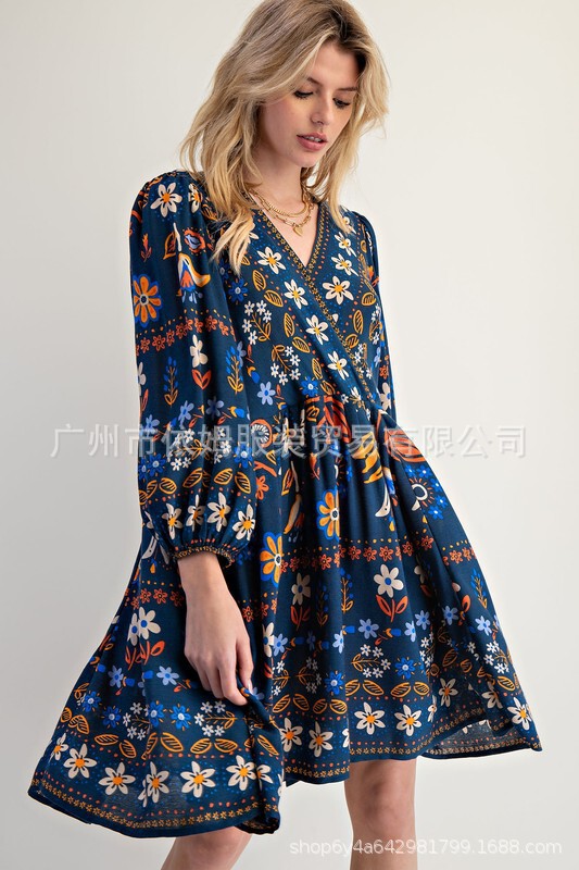 亚马逊25秋季新款跨境欧美女装印花V领宽松休闲短款长袖连衣裙女|undefined
