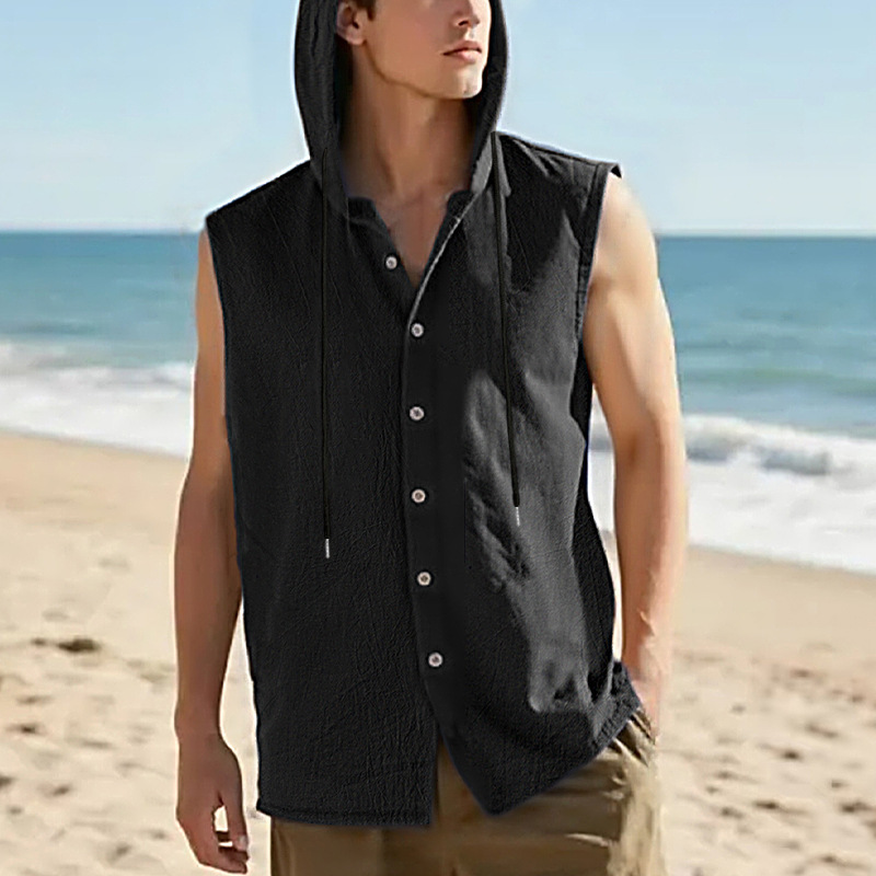 Nuevo transfronterizo Amazon nuevo estilo americano de verano hombre relajado casual lino sólido con capuchón camisa sin mangas