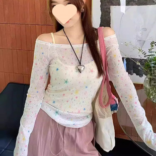 American Design Star Long-Sleeved Printed Shirt Summer Slim-Fitting Blouse Hot Girl Thin One-Line Collar Top for Women
