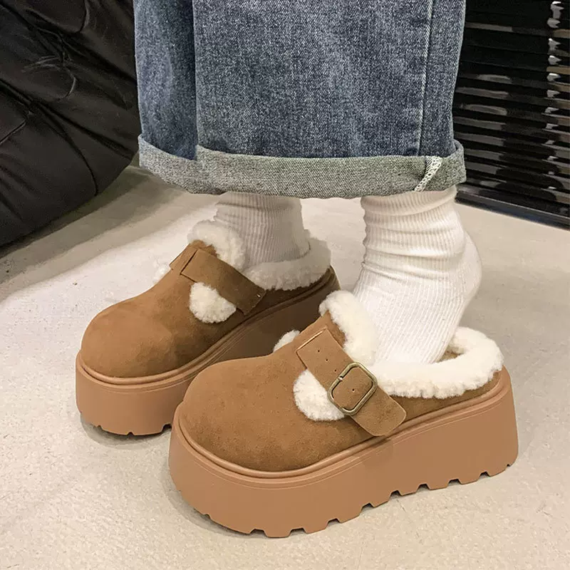 复古加绒厚底包头棉拖鞋女外穿2024新款秋冬懒人一脚蹬增高勃肯鞋