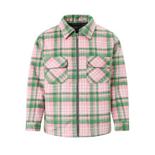 男士格纹衬衫秋冬复古欧美潮牌毛呢夹棉格子宽松拉链翻领长袖衬衣