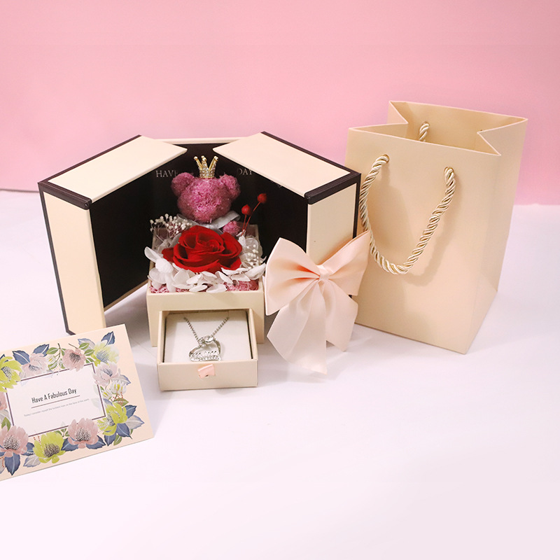 Caja de regalo de collar creativo rosa doble puerta oso rosa flor inmortal caja de regalo regalo del día de San Valentín proporcionado transfronterizo