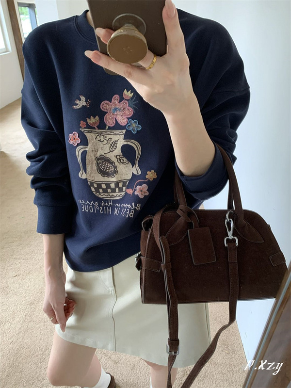 013 慵懒风圆领卫衣女秋季新款薄棉手绘印花宽松休闲女式卫衣百搭|undefined