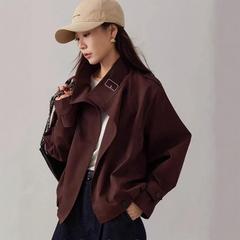 ショートスタイルのトレンチコートの女性秋の英倫風のゆったりとしたカジュアルな輪郭の形の立襟の小さい子供のカーキ色の経典の気質のコート