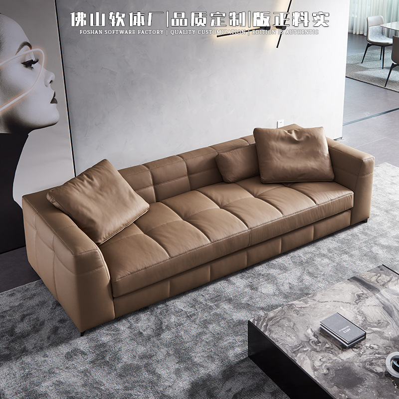 Italian Genuine Leather Grain Sofa Living Room Straight Corner Combination Original High-End Semi-Green Leather First-Layer Cowhide Sofa