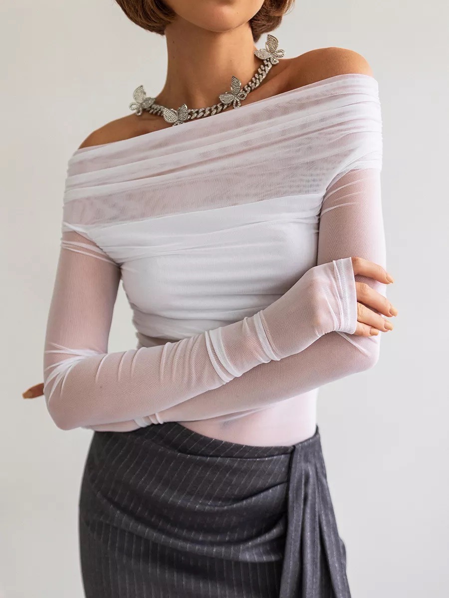 Damen Ein-schulter-netzoberteil Langarm Slim Fit Elegant Sommer_voghion.com