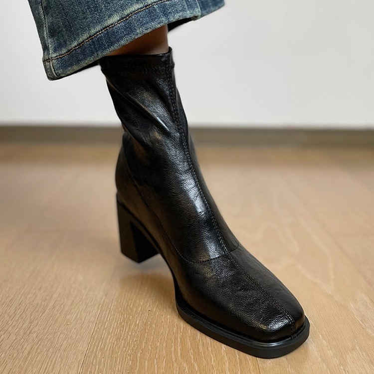 Cowhide Version ~ Silent Soft-Soled Elastic Slim Boots for Women, Chunky Heel High-Heeled Short Boots, Commuter Autumn and Winter Retro Black Boots