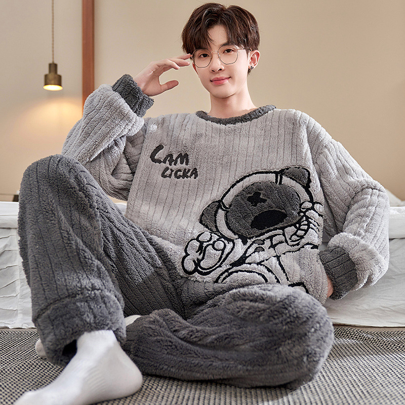 겨울 새 산호 양털 자카드 두꺼운 청소년 남성 잠옷 봉제 크루 넥 홈 의류 세트 외복