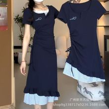 2025新款韩系甜美夏季假两件连衣裙短袖不规则抽绳收腰纯欲长裙女