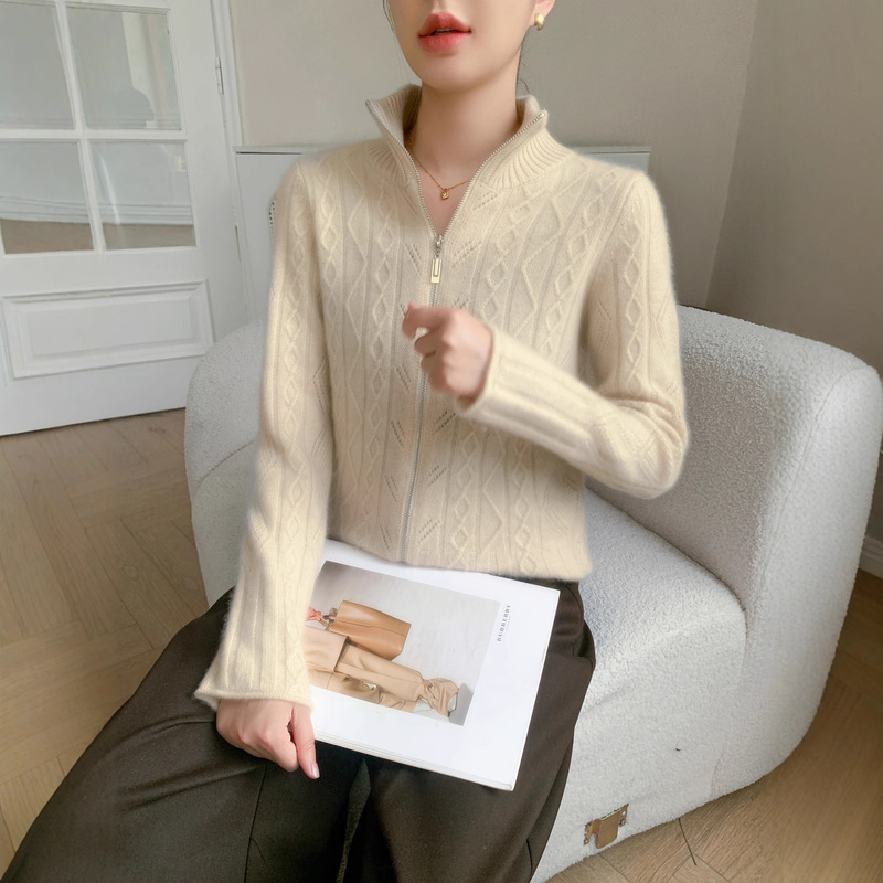 Rolled Edge Sleeves Double-Strand Thickeneded Stand-Up Collar Zipper Cashmere Cardigan for Women 2025 Autumn and Winter Hemp Pattern Long-Sleeved Sweater Jacket