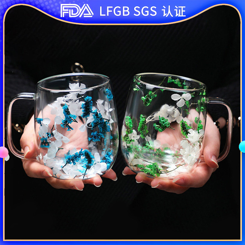 创意风新品真花干花双层高硼硅玻璃杯办公室酒吧家用马克咖啡杯
