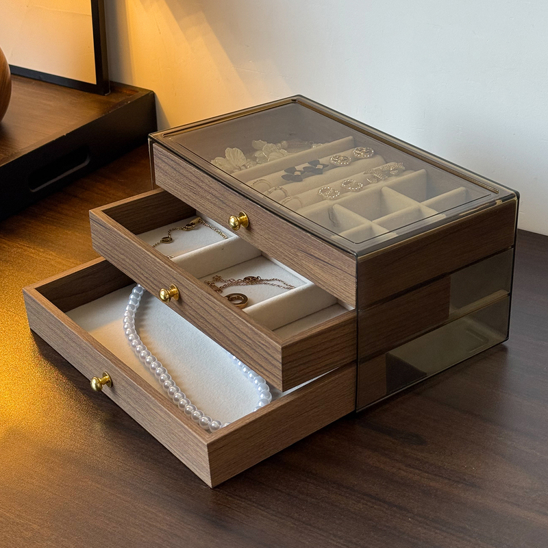 Jewelry Storage Box for Bedroom, High-End and Exquisite Walnut Wood Grain, 5-Layer Large Capacity Storage Box for Earrings, Necklaces, and Bracelets