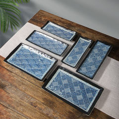 跨境日料壽司長方盤簡約釉下彩陶瓷盤子家用刺身小吃盤海波紋餐具