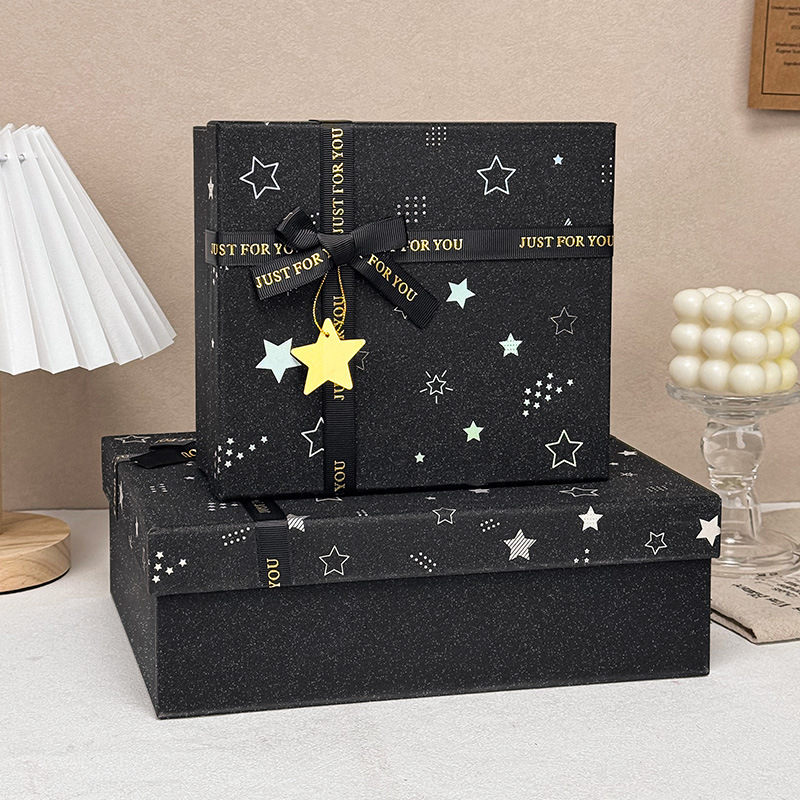 Caja de regalo negra con diseño de cielo estrellado, caja de regalo de cosméticos de alta gama, caja de regalo de cumpleaños, caja de regalo con tapa y base, caja de embalaje.